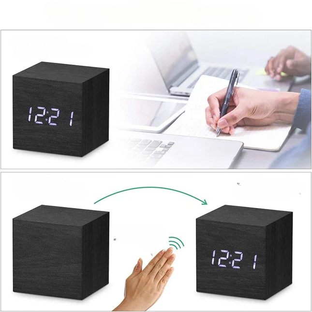 Zwarte houten kubus wekker digitaal