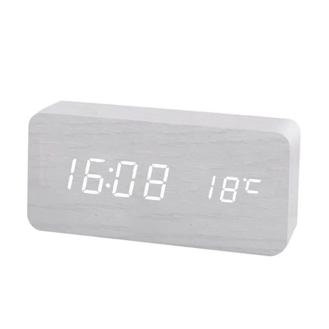 Houten wekker met witte LED cijfers