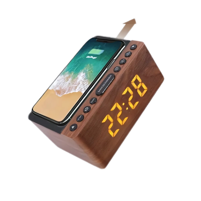 Houten wekkerradio met draadloze oplader