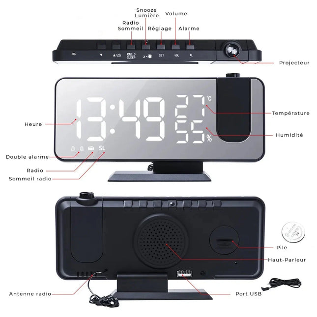 Projectiewekker met radio en thermometer