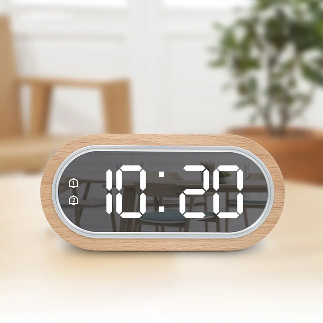 Houten LED wekker met spiegeldisplay