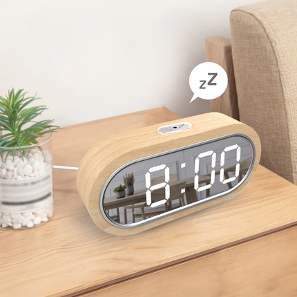 Houten LED wekker met spiegeldisplay
