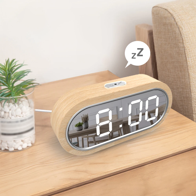 Houten LED wekker met spiegeldisplay