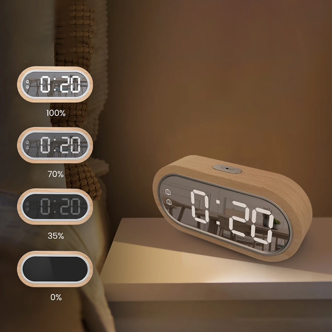 Houten LED wekker met spiegeldisplay