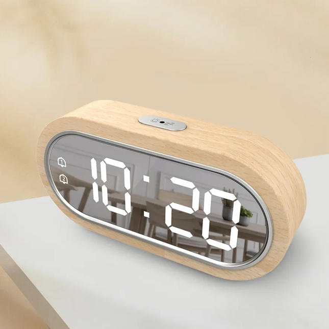 Houten LED wekker met spiegeldisplay