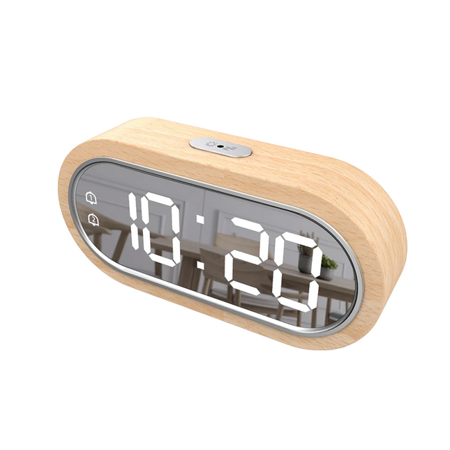 Houten LED wekker met spiegeldisplay