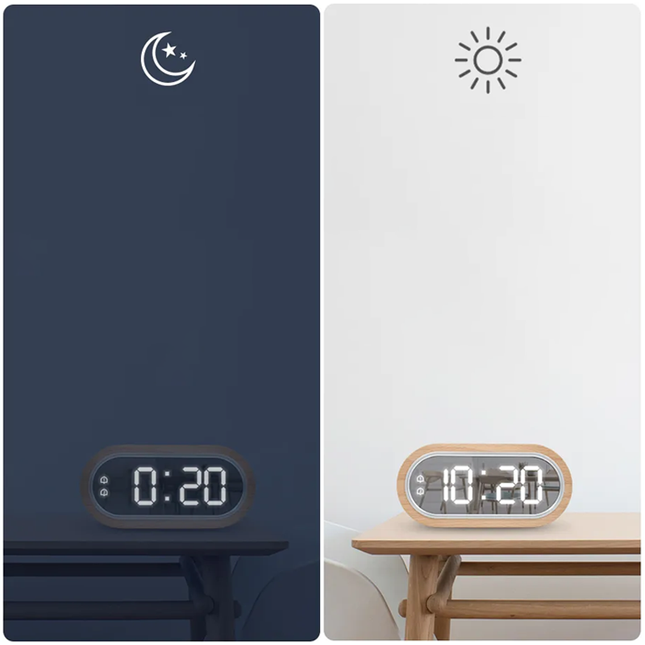 Houten LED wekker met spiegeldisplay