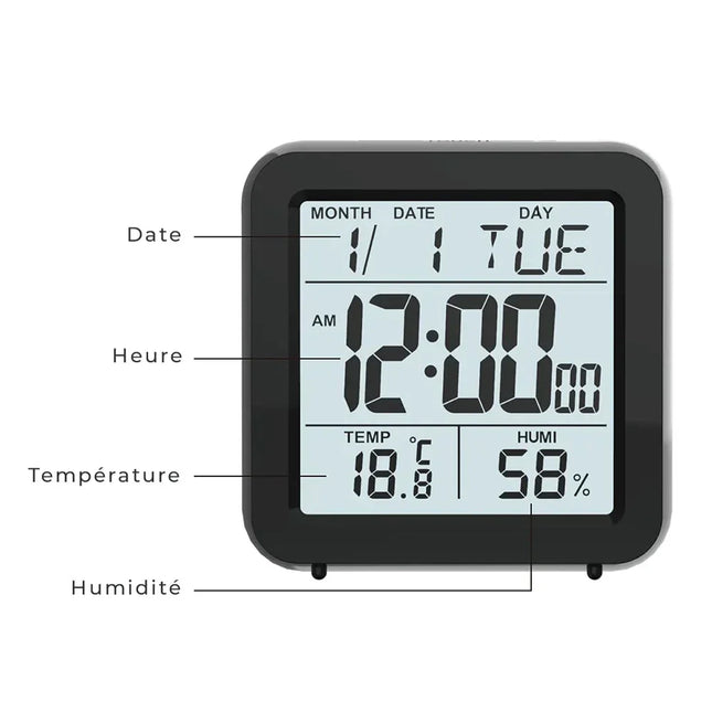 Compacte wekker met datum en temperatuur
