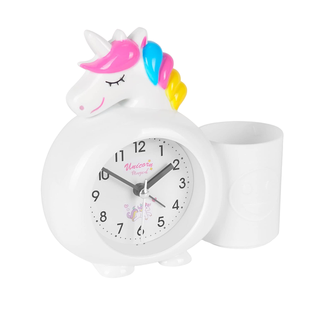 Witte eenhoorn wekker met pennenhouder